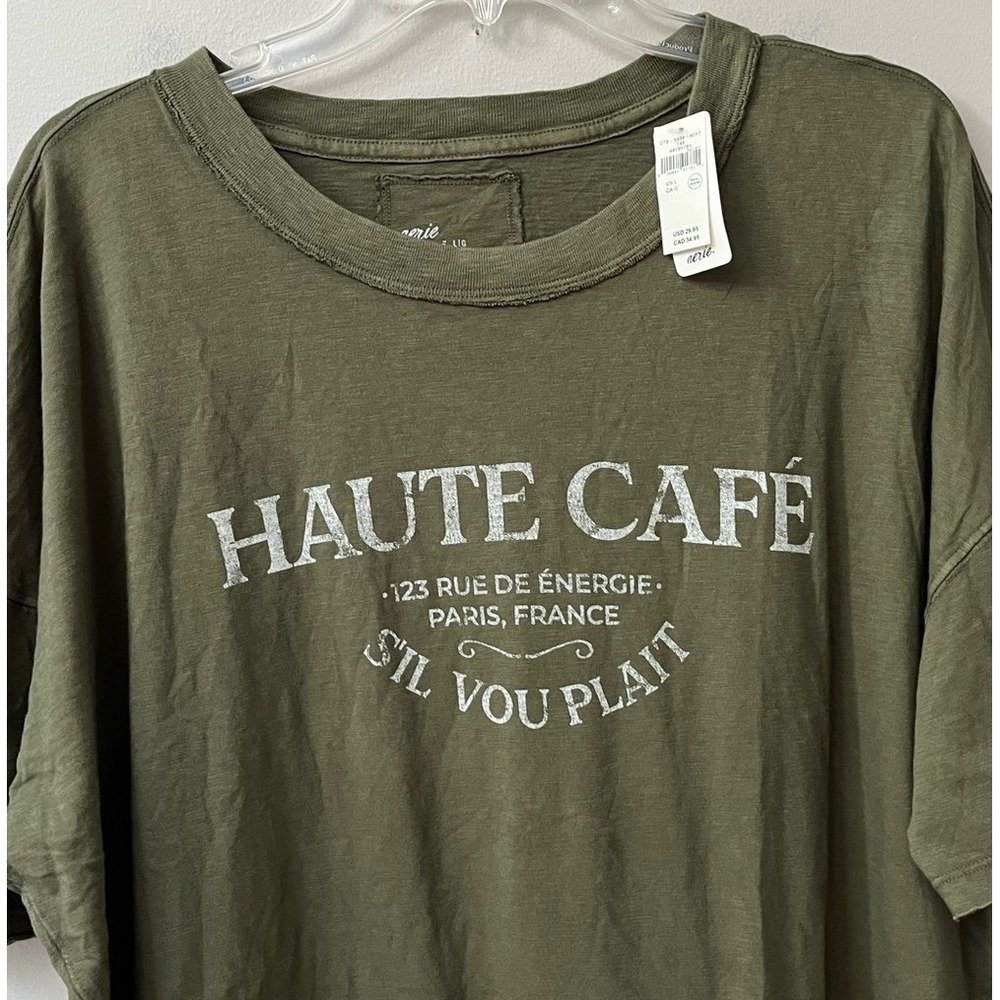 Aerie Oversized Haute Cafe Paris Graphic T Shirt Womens Large Olive Green NWT - Picture 3 of 9